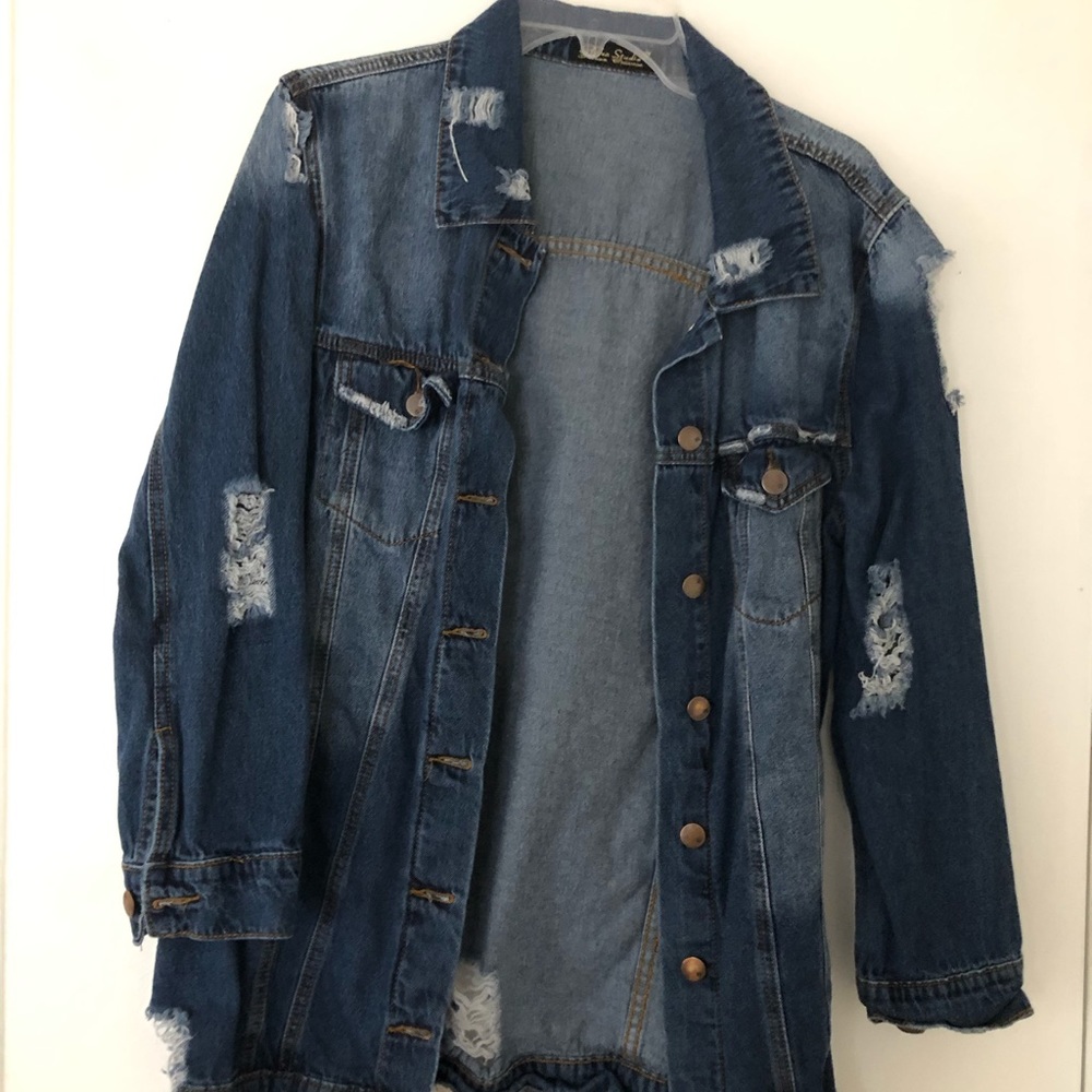 Long denim jean jacket distressed